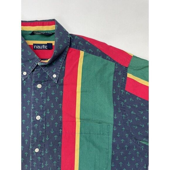 VINTAGE Nautica Colorblock Shirt Men Large Multicolor Short Sleeve USA 90s - Picture 2 of 5